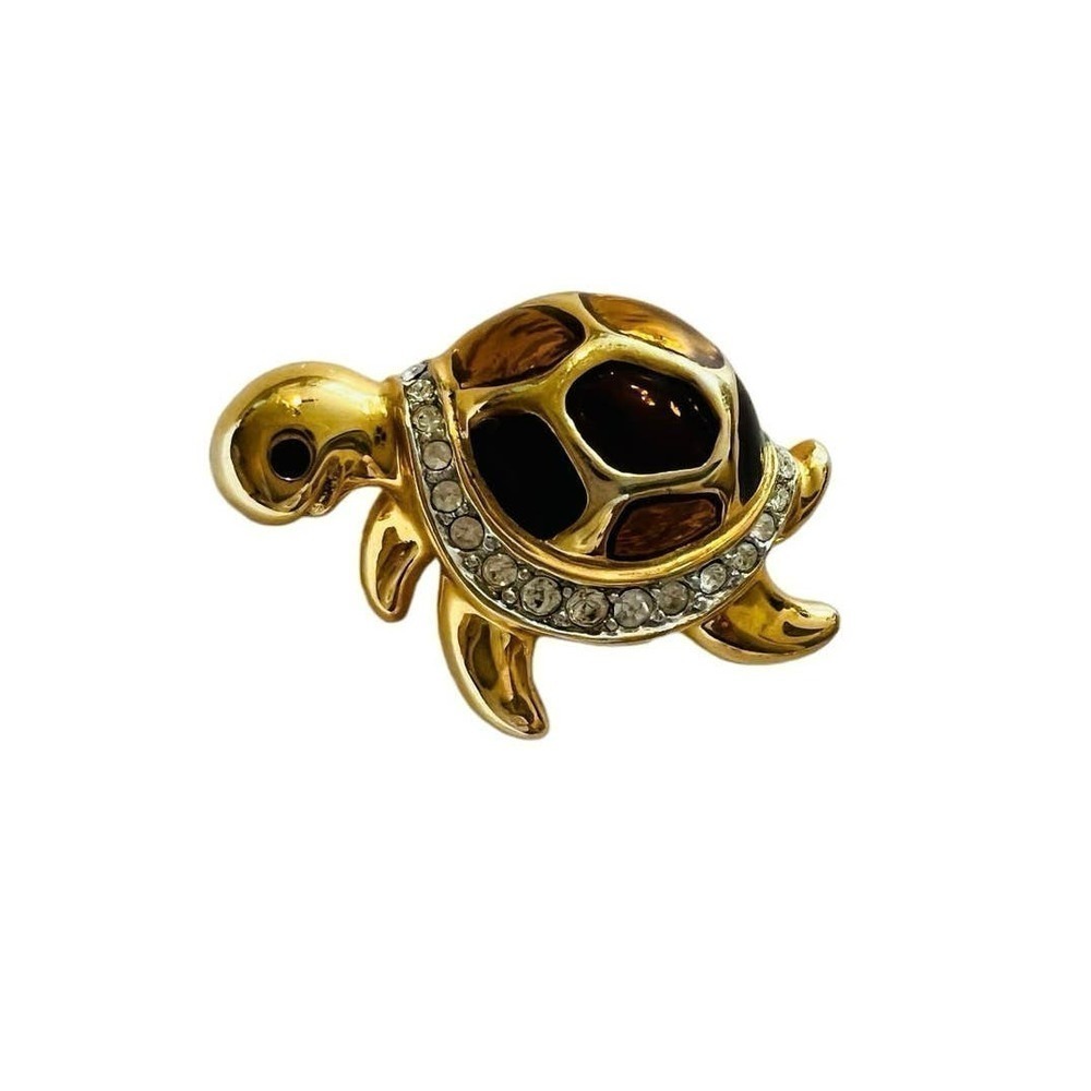 Vintage Cabouchon Turtle Brooch, 18ct Gold Plate, Enamel & Austrian Crystal